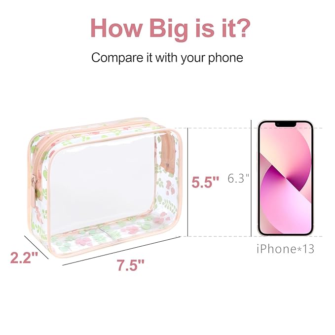 PACKISM TSA Approved Toiletry Bag - Pink Floral Print Clear Travel Bags, Suitable for Gifts, with Supporting Frame, Perfect for Travel Essentials, Thick No Smell