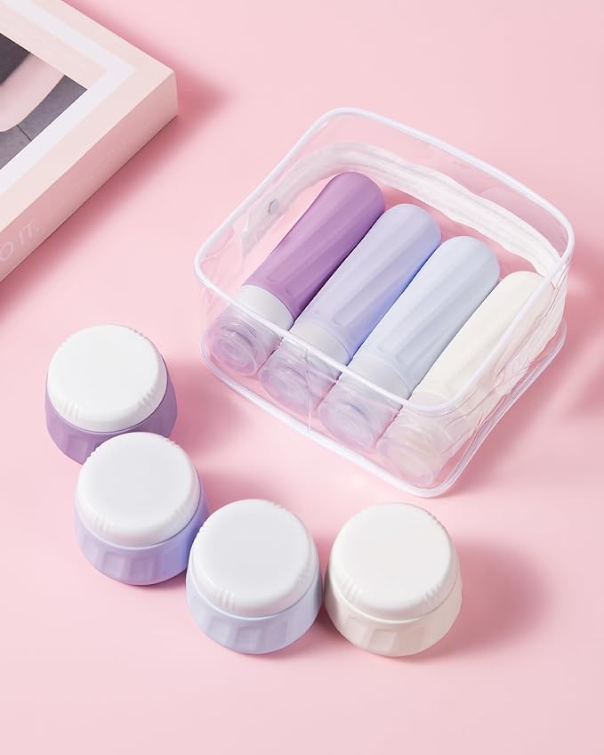 Travel Bottles for Toiletries 8 Pack, Travel Size Toiletries, Tsa Approved Travel Size Containers 3oz, with Travel Essentials Clear Bag, Leak Proof Silicone Squeezable Creams Jars