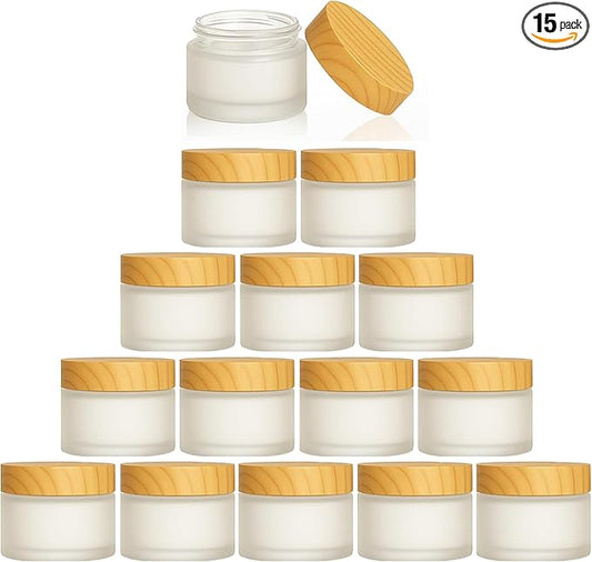 15Pcs Glass Cosmetic Container with Lid, 0.5 oz Frosted Glass Bottle, Reusable Empty Cosmetic Container Bottle for Lotion, Cream, Essential Oil, Scrub (15 Gram/15ml)