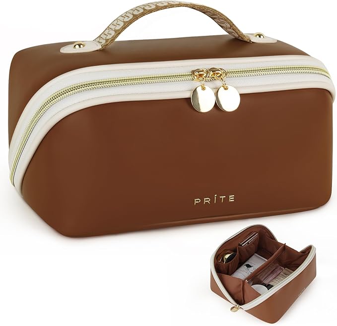 Prite Travel Cosmetic Bag Makeup Organizer Bag For Women Large Capacity Waterproof PU Leather Toiletry Bag with Handle and Clear Divider(Dark Brown)