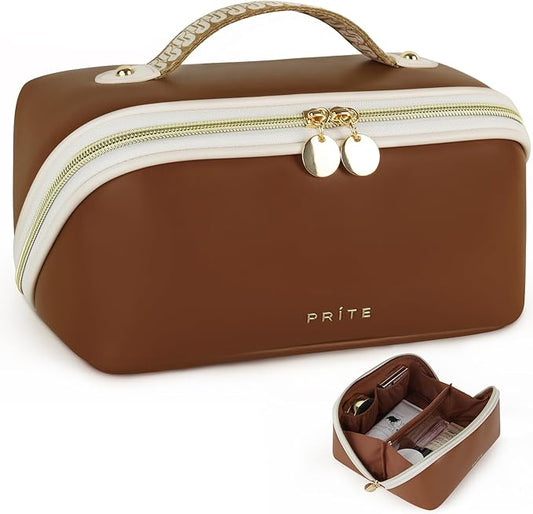 Prite Travel Cosmetic Bag Makeup Organizer Bag For Women Large Capacity Waterproof PU Leather Toiletry Bag with Handle and Clear Divider(Dark Brown)
