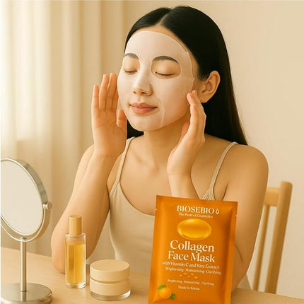 BIOSEBIO Korean Collagen Face Mask – 5 Sheets | Vitamin C & Rice Extract Brightening Sheet Mask for Radiant Glow | Hydrating & Plumping K-Beauty Facial Mask with Hydrolyzed Collagen&Panthenol
