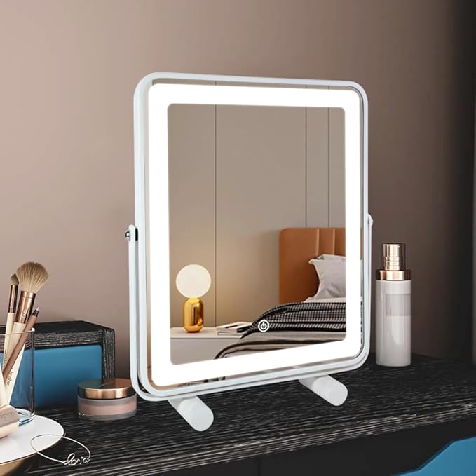 Makeup Vanity Mirror with Lights,13" Large Hollywood LED Lighted Make up Mirror for Bedroom Tabletop,Three Color Lighting Modes,Smart Touch Control, 360°Rotation