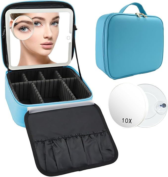 Travel Makeup Bag with LED Mirror and 10x magnifying glass with 3 Lighted Settings, Adjustable Dividers and Makeup Brush Storage Bag Blue