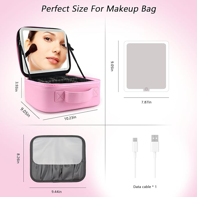 Travel Makeup Bag with LED Mirror Travel Makeup Organizer with 3 Lighted Settings, Adjustable Dividers and Makeup Brush Storage Bag Dark Pink