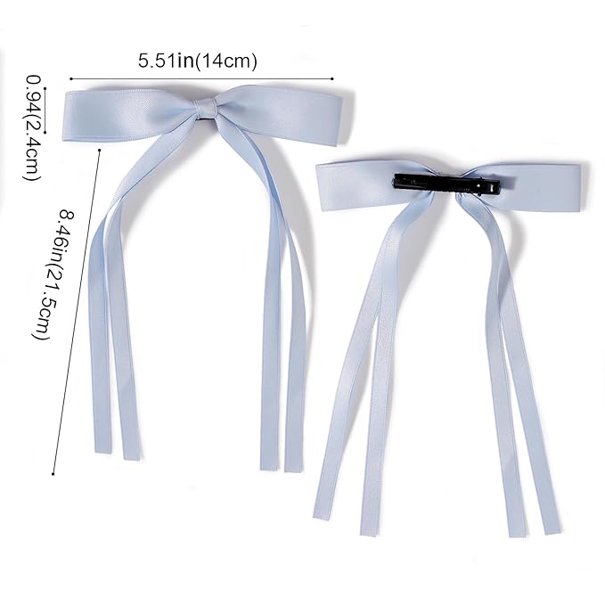 4 PCS Tassel Ribbon Bowknot Hair Clips With Long Tail for Women Girl Teens Kids, Solid Holder Fashion Bow Bowknot Hair Accessories Headwear Barrettes Claw(Blue&White)