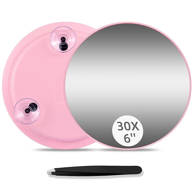 Round 30X Magnifying Mirror, 6inch Magnified Mirror with 3 Suction Cups Easy Mounting, Compact 30X Travel Magnification and Tweezers Set for Detailed Makeup,Shaving,Blackhead Blemish Removal