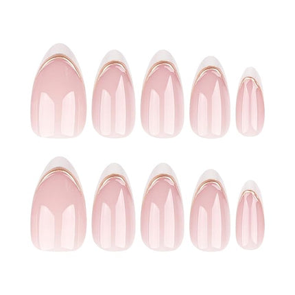 Almond Press on Nails Medium Pink With 3D Gold Stripes Designs White French Tips Fall Winter False Acrylic Glue on Glossy Stick on for Women 24 Pcs