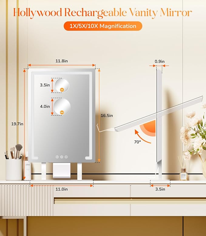 Gospire Hollywood Lighted Makeup Mirror, 4000mAh Rechargeable Vanity Mirror, 3 Color Modes Lighting Mirror with Magnification 5X/10X, Touch Control&Phone Holder, LED Desktop Mirror for Bedroom