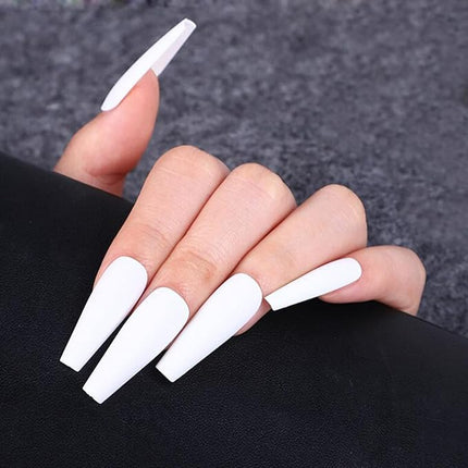LoveOurHome 100pc Coffin Press on Nails Long Fake Nails White Matte Full Cover False Nails Press ons Artificial Nail Medium Ballerina Fake Fingernail Presson on Nail Tips for Women Kids Girls