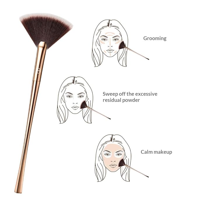 Fan Makeup Brush For Highlighter, Blush, Flutty&Powder Cosmetic Tool w/Long Handle& Anti-Champagne Gold Brush