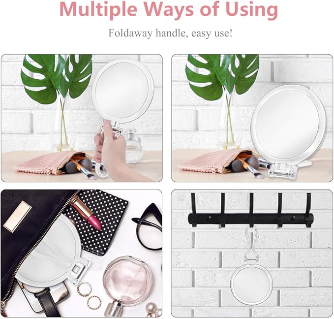 Double Sided Hand Held Mirror - 1X & 7X Magnifying Handheld Makeup Mirror with Adjustable Folding Handle, Portable, Transparent & Round (6")