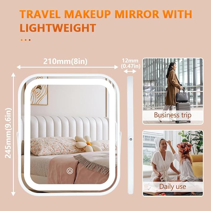 Lighted Vanity Mirror, Makeup Mirror with Lights, Dimmable Touch Screen, Portable Travel Mirror, Cosmetic Mirror with Lights for Makeup Desk ＆ Dressing Room