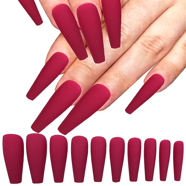 LoveOurHome 100pc Coffin Press on Nails Long Fake Nails Matte Full Cover False Nails Press ons Artificial Nail Medium Ballerina Fake Fingernail Maroon Presson on Nail Tips for Women Kids Girls