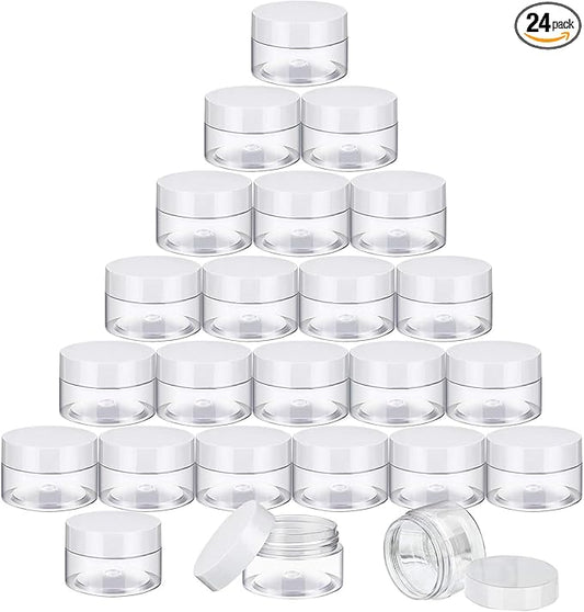 SATINIOR 24 Pieces Empty Clear Plastic Jars with Lids Round Storage Containers Wide-Mouth for Beauty Product Cosmetic Cream Lotion Liquid Butter Craft and Food (White Lid, 1 oz)
