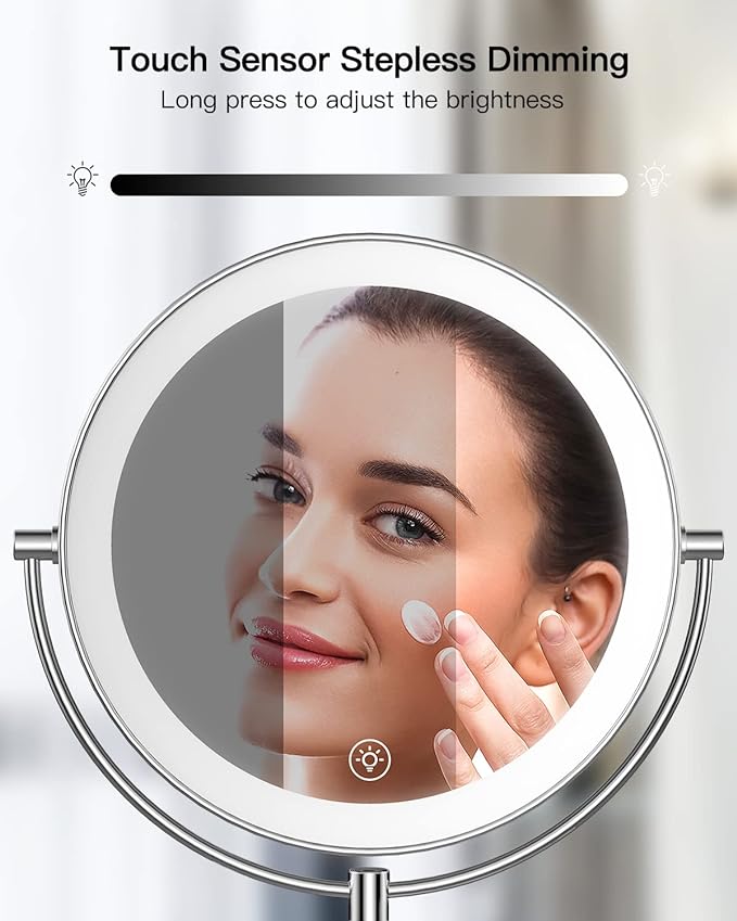 Gospire 9” Wall Mounted Lighted Magnifying Mirror, 1X/10X Magnification Double-Sided LED Bathroom Mirror, 3 Color Lights & Stepless Dimming with Touch Sensor, Extendable Arm 360° Swivel for Shaving