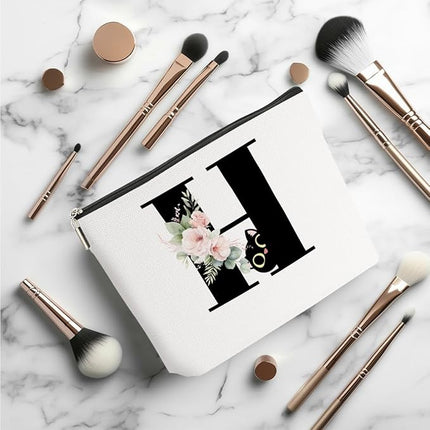 Floral Cat Initial Makeup Bag, Personalized Skin Care Bag, Travel Organizer Toiletry Bags for Women Mom Friends, Cosmetic Bags Makeup Pouch with Zipper, Letter H