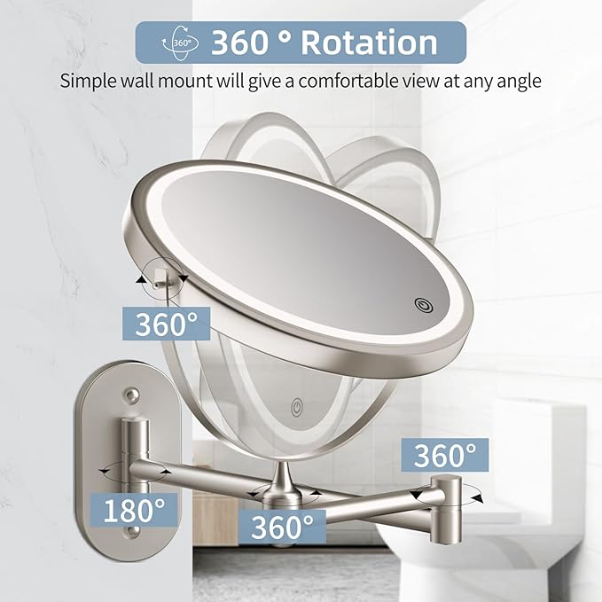 Rechargeable Wall Mounted Lighted Makeup Vanity Mirror 8 inch 1X/10X Magnifying Mirror with 3 Color Lights, Double Sided Bathroom Mirror with Dimmable LED Lights, Shaving Light up Brush Nickel