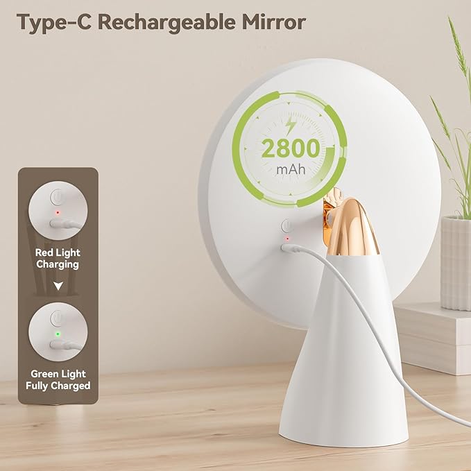 Makeup Mirror with Lights, Make Up Desk Mirror with Organizer, Rechargeable Touch Control 3 Color Lights and Adjustable Brightness, Lighted Vanity Mirror for Desk, Dresser Tabletop, Gifts for Women