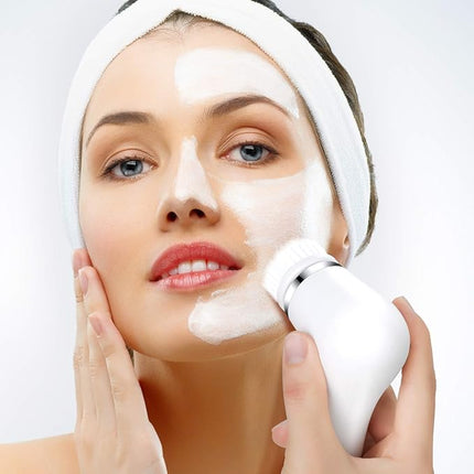 Facial Cleansing Brush, Waterproof Spin Face Brush Set with Holder and 6 Brush Heads, Gentle Exfoliating, Deep Cleansing, Massaging and Removing Blackhead for Women and Men (White)