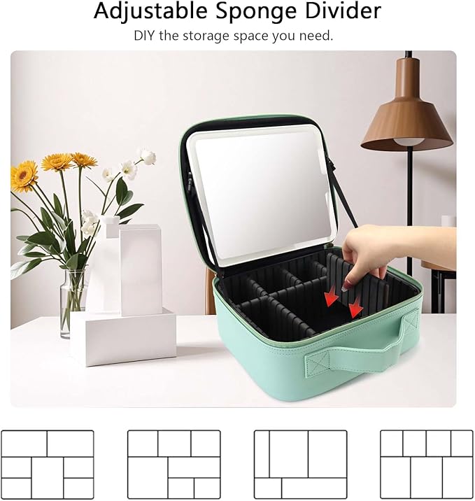 Travel Makeup Bag with LED Mirror Travel Makeup Organizer with 3 Lighted Settings, Adjustable Dividers and Makeup Brush Storage Bag Light Green