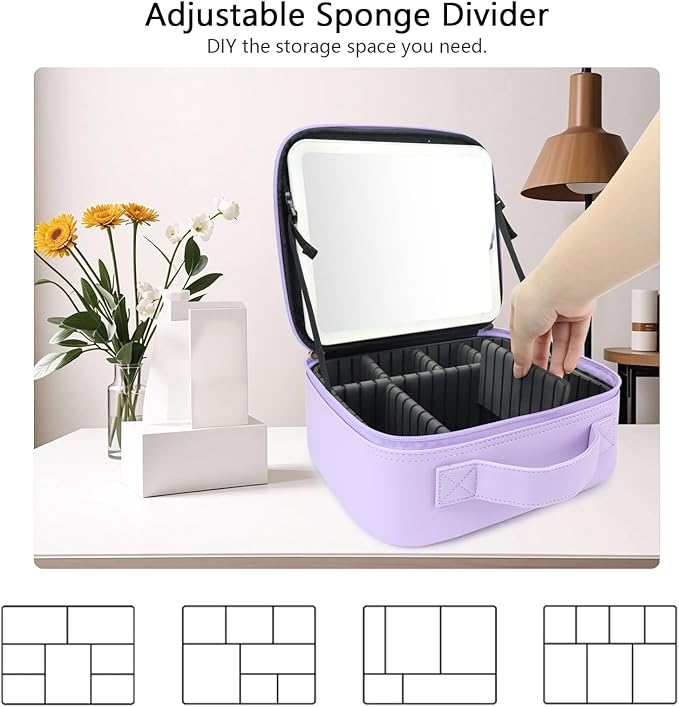 Travel Makeup Bag with LED Mirror Travel Makeup Organizer with 3 Lighted Settings, Adjustable Dividers and Makeup Brush Storage Bag Purple