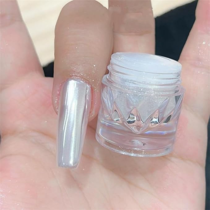 Super Glossy Mirror Effect White Pearl Chrome Nail Powder, Magic White Moonlight Effect Iridescent Pigment Powder for Nails