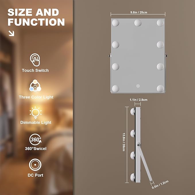 MINISO Vanity Mirror with Lights - 10" x 14" Hollywood Makeup Mirror with Adjustable Brightness,3 Modes Light, 360°Rotation