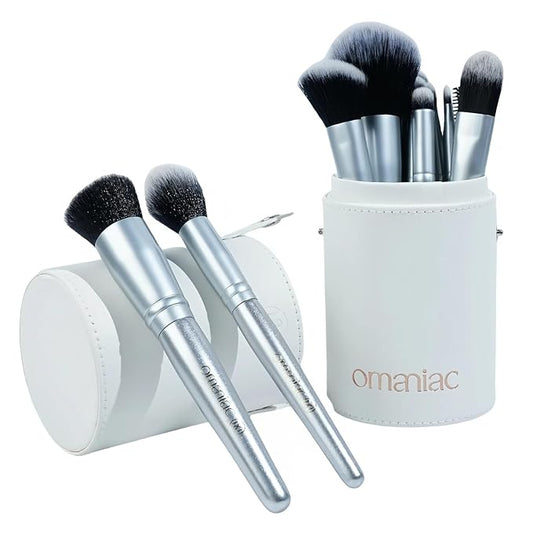 OMANIAC Makeup Brush Set Professional, 20Pcs Pearlescent Wood Handle Makeup Brushes, Premium Cruelty-Free Synthetic Fiber Hair, Travel Make up Brushes Set with Case (Bright Silver)