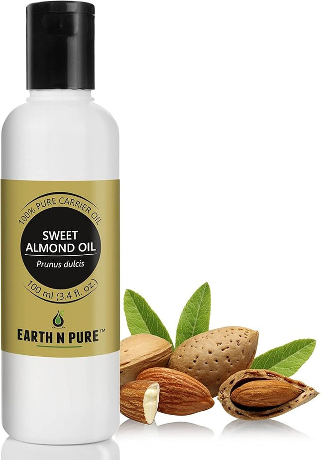 EARTH N PURE Sweet Almond Oil (Badam Oil) Cold Pressed, Therapeutic Grade for Body, Skin, Hair 100 ml