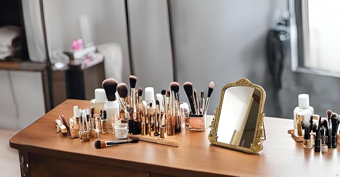 Small Vintage Vanity Makeup Desk Mirror Antique Traditional Chic Arch Table Mirror Gold，Decor Wood Framed Small Standing Carved Arendahl Mirror for Living Room,Bedroom,Tabletop 11.8" x 9.6"