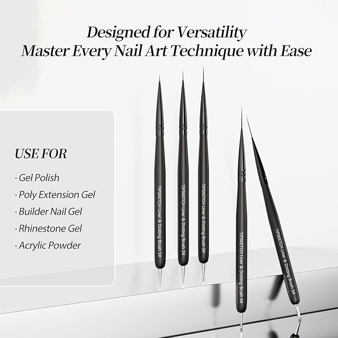 Nail Art Liner Brushes 5Pcs Dotting Pen Tools Nail Art Brushes Thin Liner Set(4/8/12/15/20 mm) for Long Lines, Thin Details Gel Polish Nail Paintings Double-End Nail Art Tools