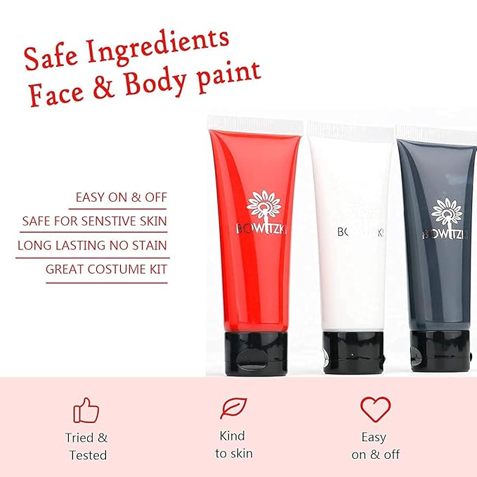 Bowitzki Halloween Makeup Kit Cream Face Paint Water Based Liquid Latex Fake Blood Brush Sponges Body Painting Special Effects SFX Zombie Vampire Monster Christmas Party red black white