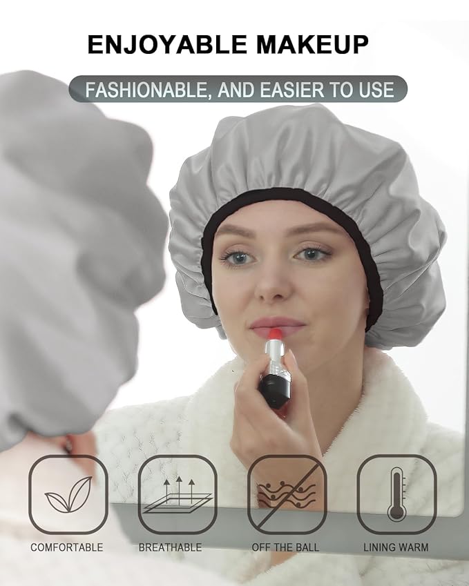 YIZIJIZI Triple Layer Reusable Waterproof Shower Cap for Women Large Terry Lined Hair Cap for Long Thick Hair Travel Bath Care Grey