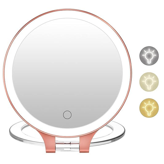 FASCINATE Magnifying Mirror 10X 1X Double Sided Magnification, Makeup Vanity Mirror Rechargeable Lighted with 3 Color Setting Adjustable Rotation LED Vanity Desk