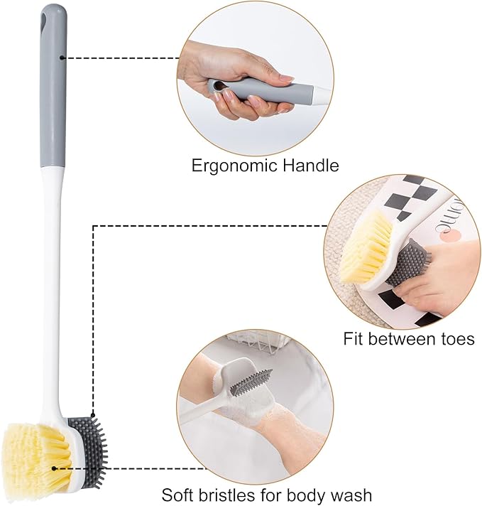 2 Pack Foot Scrubber Brush, Shower Foot Scrubber Long Handle for Toe Gap Cleaning, Double-Sided Silicone and Soft Bristle Scrub Brush for Skin Exfoliation, Seniors, Adults, Grey