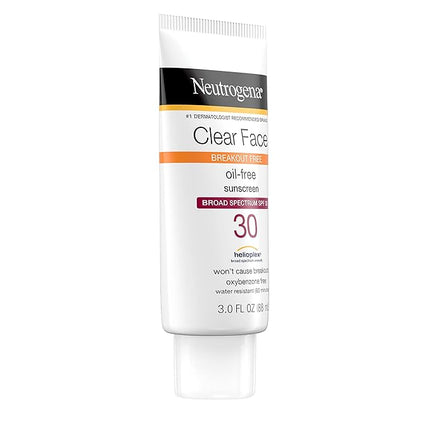 Neutrogena Clear Face Sunscreen Lotion for Acne-Prone Skin, Broad Spectrum SPF 30 Facial Sunscreen for Oily Skin, Fragrance- & Oxybenzone-Free Water Resistant, 3 fl. oz