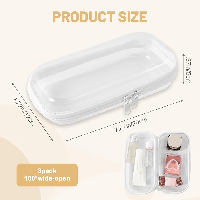 3 Pack Clear Hard Shell Zipper Case, 8×5" Transparent Waterproof Portable Clear Zipper Pouches Hard Shell for Storage, Clear Organizer Bags for Travel Makeup Cosmetic Snacks Doll Storage