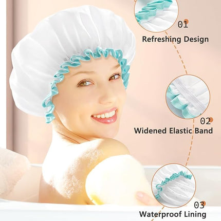 mikimini White Shower Cap for Long Hair 1 Pack, 12 inch large size,Waterproof Washable Hair Caps for Women and Girls, Super Cute and Extra Large