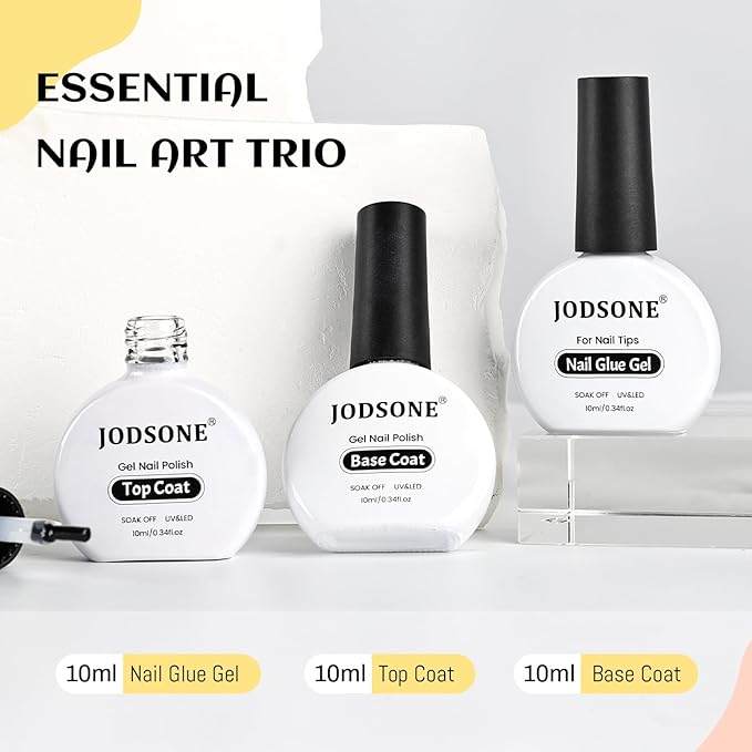 JODSONE 3Pcs 10ml Top and Base Coat Nail Glue Gel Set No Wipe for Long Lasting Manicures Nail Glue Gel for Securely Attaching False Nails and Decorations Requires U V Lamp Curing
