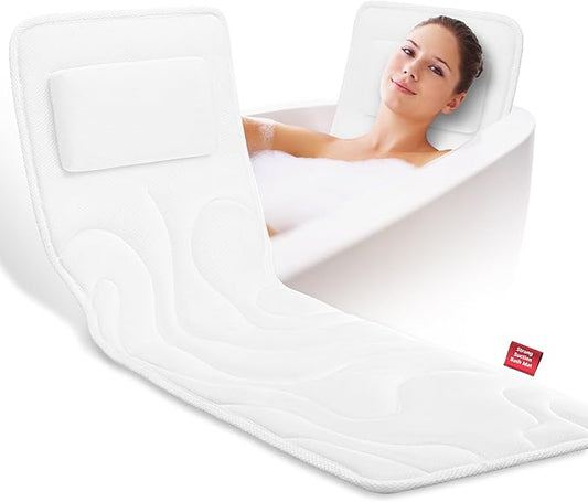 Full Body Bath Pillow for Tub, Extra Thick 4D Air Mesh & Quick-Dry Spa Pillow for Head Neck and Beck Support, Non-Slip Suction Cups Fits All Tubs - Luxury Bath Accessories for Relaxation (White)