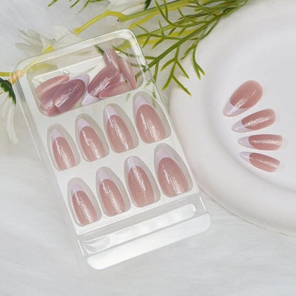 Almond Press on Nails Medium Fake Nails with Glitter Designs White French Tip Nails Press ons Winter Acrylic Nails for Women 24 Pcs