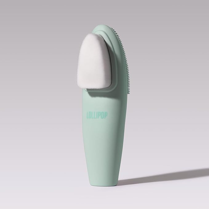 LOLLIPOP Dual-Sided Facial Cleansing Brush | Handle Size Silicone Face Exfoliator and Soft Fiber Cleanser | Manual Face Scrubber for Pores, Makeup Removal, Blackhead and Skincare Routine, Minty