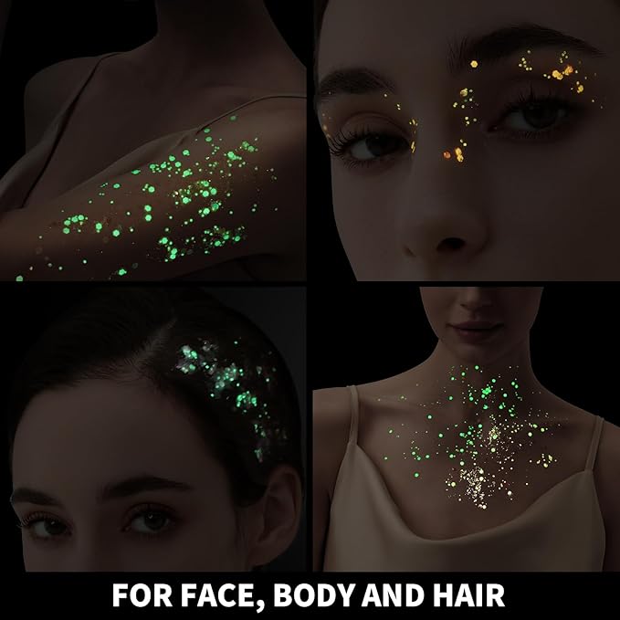 Teenitor 6 Colors Glow in The Dark Glitter Gel, Face Glitter Gel, Body Glitter Hair Glitter for Halloween Makeup UV Black Light Party Cheer Raves Festivals