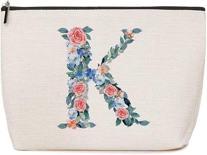 Initial Makeup Bag Monogrammed Travel Toiletry Bag Monogram Cosmetic Bag Birthday Christmas Bridal Shower Bridesmaid Gifts Personalized Gifts for Women Bride Teacher Bestie, Floral Letter K