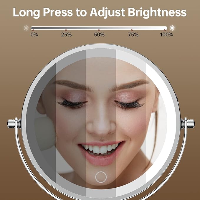 Gospire 7" Lighted Makeup Mirror with Magnification 10X/1X, Rechargeable Cordless Stepless Dimming LED Lights, 360° Swivel Magnifying Cosmetic Vanity Standing Mirror for Dresser, Bathroom
