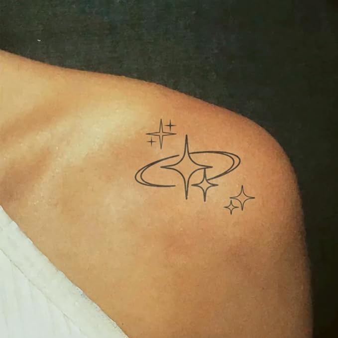 Y2K Sparkle Star Temporary Tattoos – 4 Sheets of Twinkle & Orbit Starburst Tattoos for Women, Retro Cosmic Style for Hands, Arms & Neck, Semi-Permanent & Waterproof