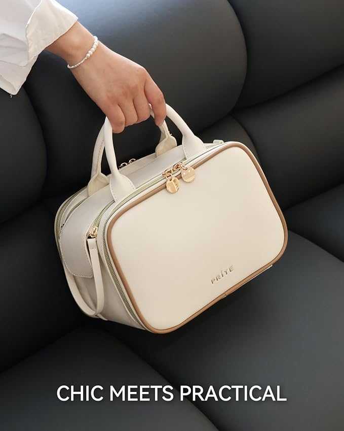 Prite Makeup Bag for Women, Large Capacity Waterproof Travel Cosmetic Organizer, Portable Open Flat Toiletry Bag with Free-standing Brush Holder and Handle(Beige Large)