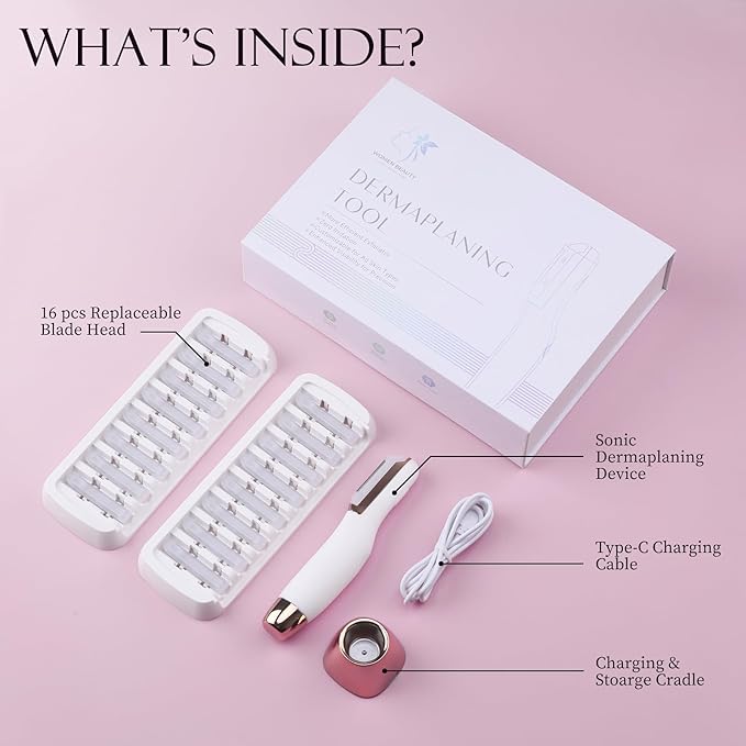 Sonic Dermaplane Razor for Women Face, Dermaplaning Tool for Face, Sonic Edge Technology, Facial Hair Removal for Women, Peach Fuzz with 8 Replaceable Blades(White)