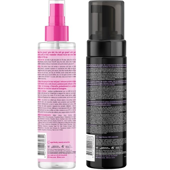 b.tan Violet Self Tan Foam & Face Mist Kit | Lovers Bundle - Dark Sunless Tanning Mousse, Bronzing Glow Gradual Facial + Body Spray, Mitt Applicator, 1 Hour Express, No Fake Tanner Smell, 6.7 Fl Oz